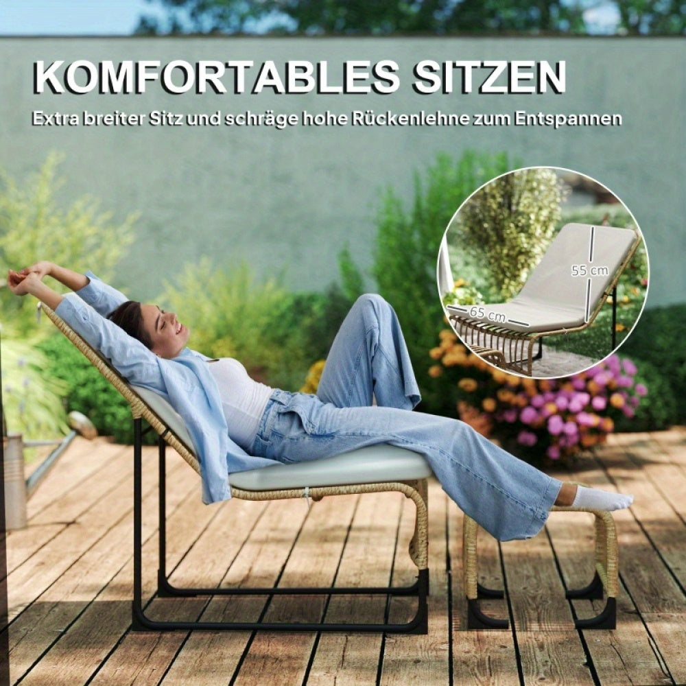Tuinstoel – Rattan Stoel – Relaxstoel – Balkonstoel – Tuinfauteuil – UV-bestendig – Inclusief Verstelbaar Kussen en Voetenbank