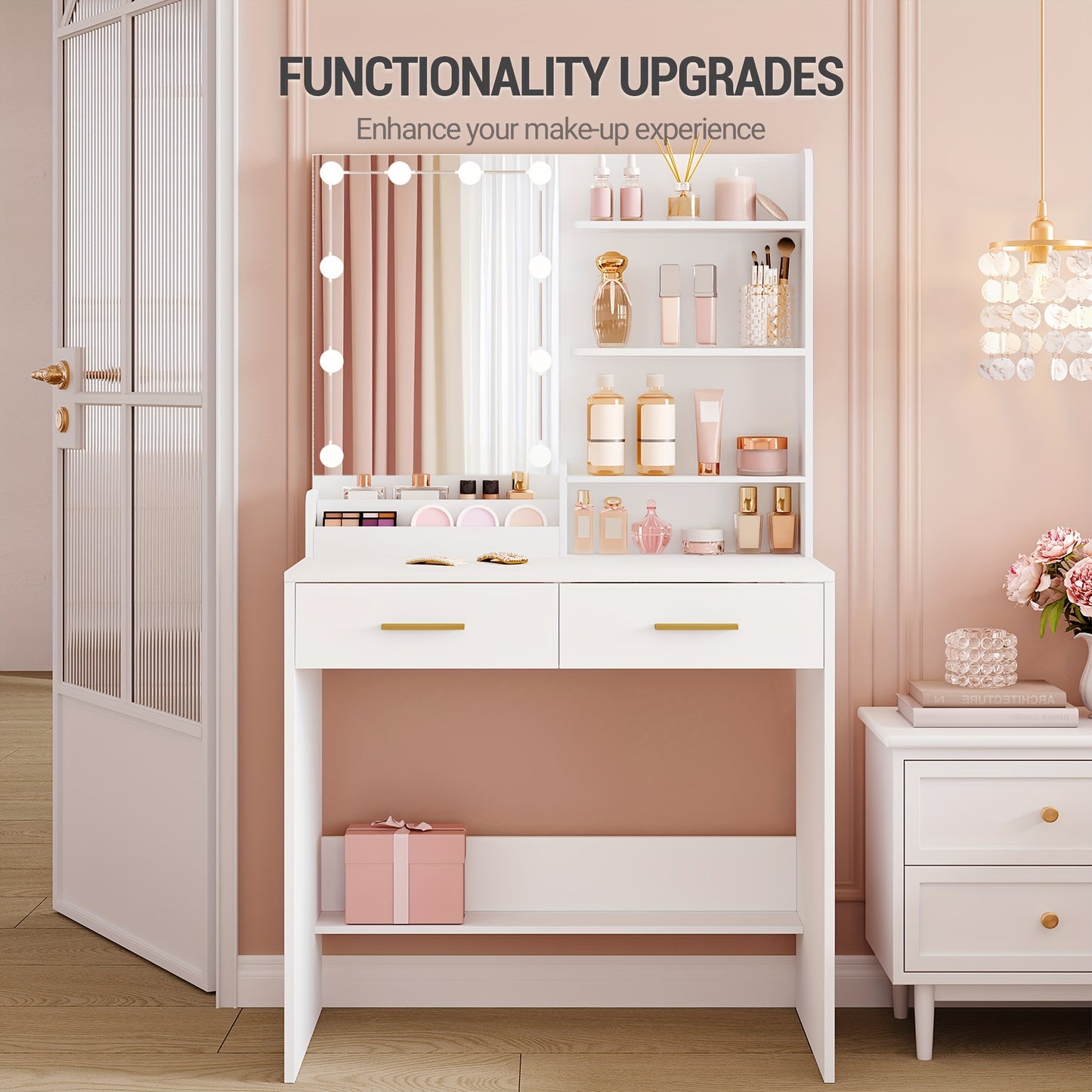 Make-uptafel – Schminktafel – Make-up Bureau – Kaptafel – Wit – LED-verlichting met instelbare helderheid – 2 Laden en 4 Open Vakken