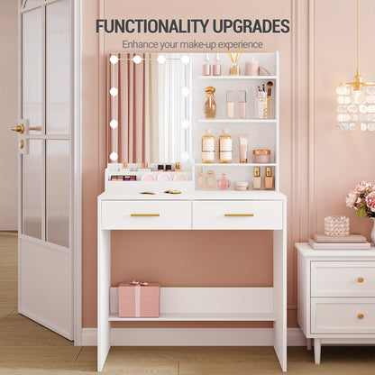 Make-uptafel – Schminktafel – Make-up Bureau – Kaptafel – Wit – LED-verlichting met instelbare helderheid – 2 Laden en 4 Open Vakken