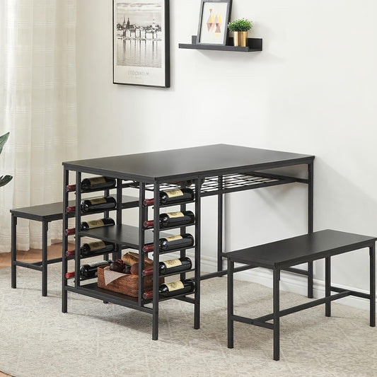 Eettafelset voor 4 Personen – Eettafel met Banken – Keukentafel – Dinette – Tafel met Opbergruimte – Zwart – Inclusief Wijnrek en Compact Ontwerp
