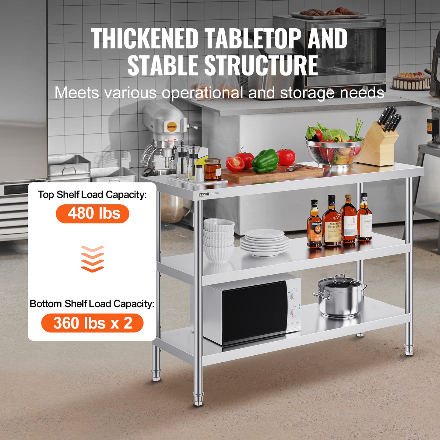 RVS Werktafel – Roestvrijstalen Werkbank – Keukentafel – Werkblad – Prep Tafel – Zilver – 3 Niveaus Met Verstelbare Planken – 0,8 mm Dikte Roestvrij Staal