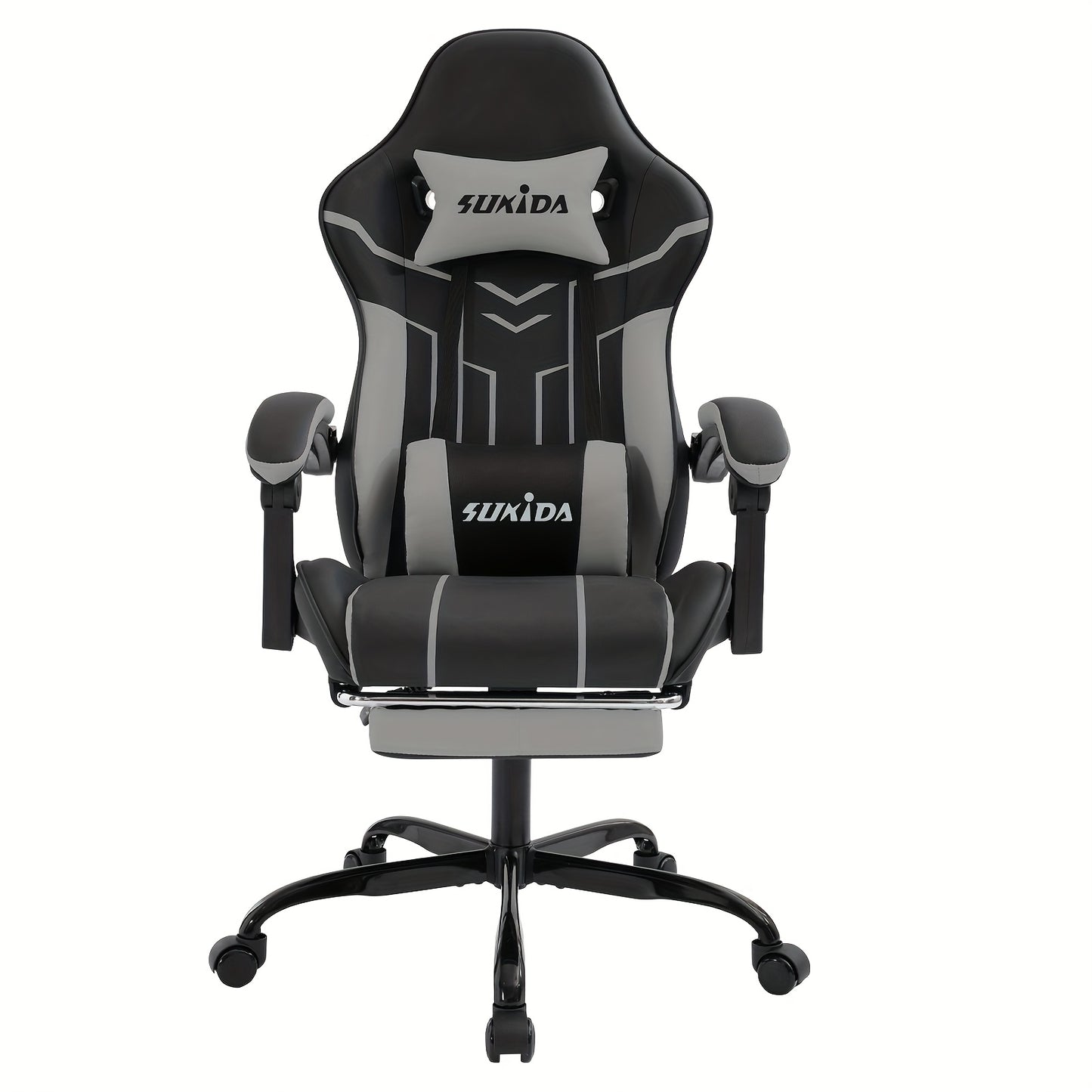 Gamingstoel – Gamestoel – Gaming Chair – Bureaustoel – Game Stoel – Verstelbaar – Met Voetsteun – Breed Zitvlak – Koppelbare Armleuningen – Hoge Rugleuning – 135° Relaxstand – Stille Wieltjes – Zwart-Grijs