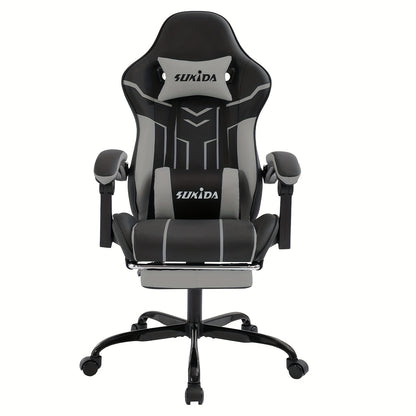 Gamingstoel – Gamestoel – Gaming Chair – Bureaustoel – Game Stoel – Verstelbaar – Met Voetsteun – Breed Zitvlak – Koppelbare Armleuningen – Hoge Rugleuning – 135° Relaxstand – Stille Wieltjes – Zwart-Grijs