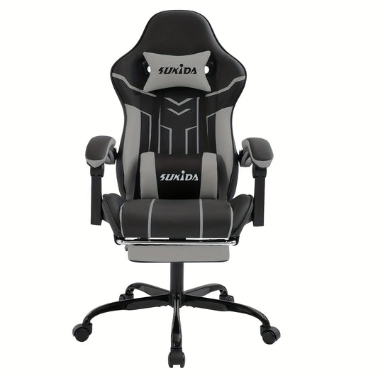 Gamingstoel – Gamestoel – Gaming Chair – Bureaustoel – Game Stoel – Verstelbaar – Met Voetsteun – Breed Zitvlak – Koppelbare Armleuningen – Hoge Rugleuning – 135° Relaxstand – Stille Wieltjes – Zwart-Grijs