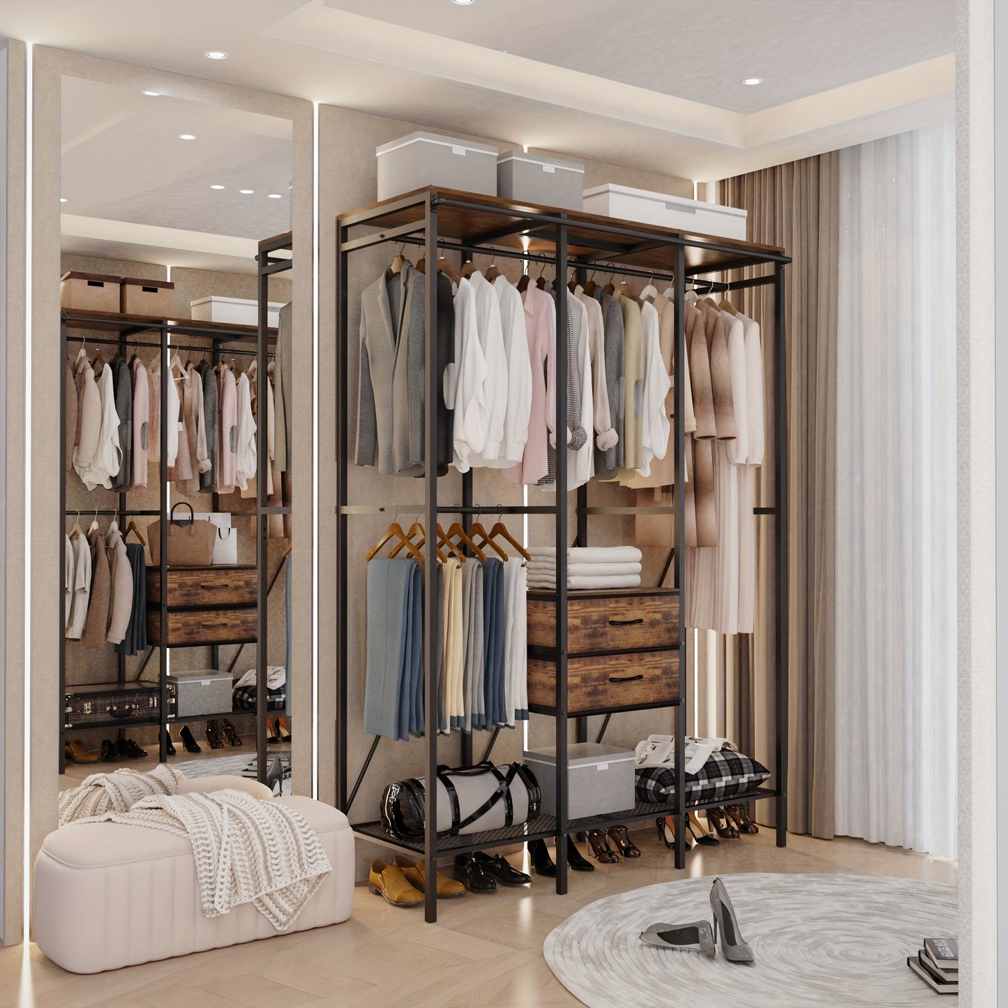 AESOME Heavy-Duty Luxury Wardrobe with Beige Dust-Proof Curtain & 3-in-1 Storage, Metal Frame, Anti-Fall Devices & 9-Compartment Drawers for Bedroom, Shop, Laundry Room