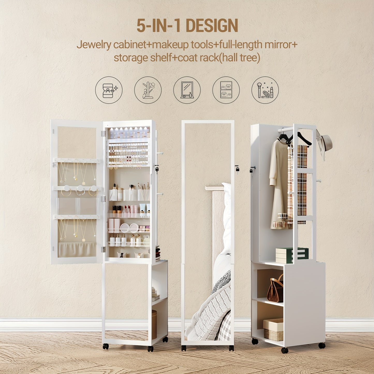 Sieradenkast – Juwelenkast – Spiegelkast – Opbergkast – Organizer – 5-in-1 Design – Volledige Spiegel met 8 LED Verlichting – MDF Wit en Beige