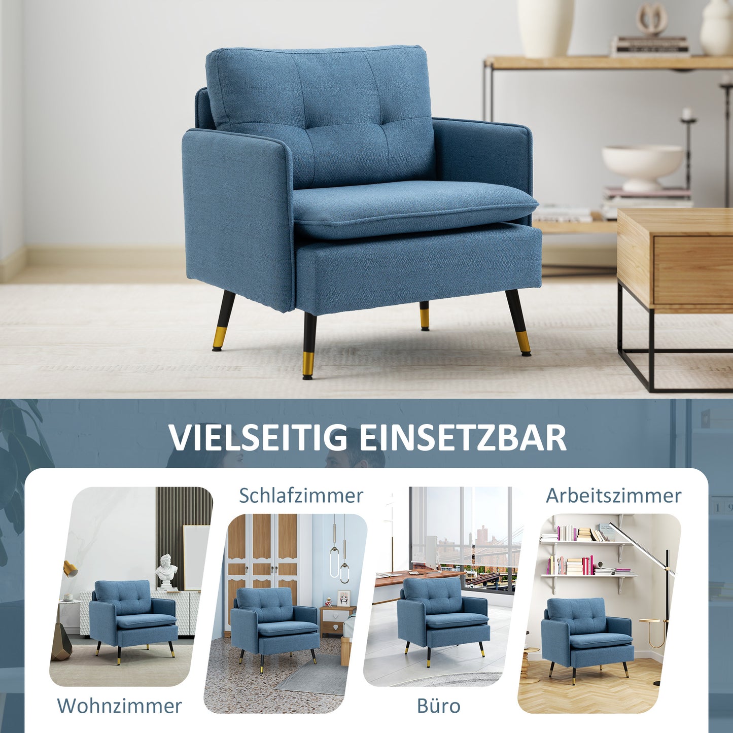 Accentfauteuil – Fauteuil – Lounge Stoel – Armstoel – Zitstoel – Linnen Bekleding – Afneembare Kussens – Zwarte En Gouden Metalen Poten – Compact Formaat