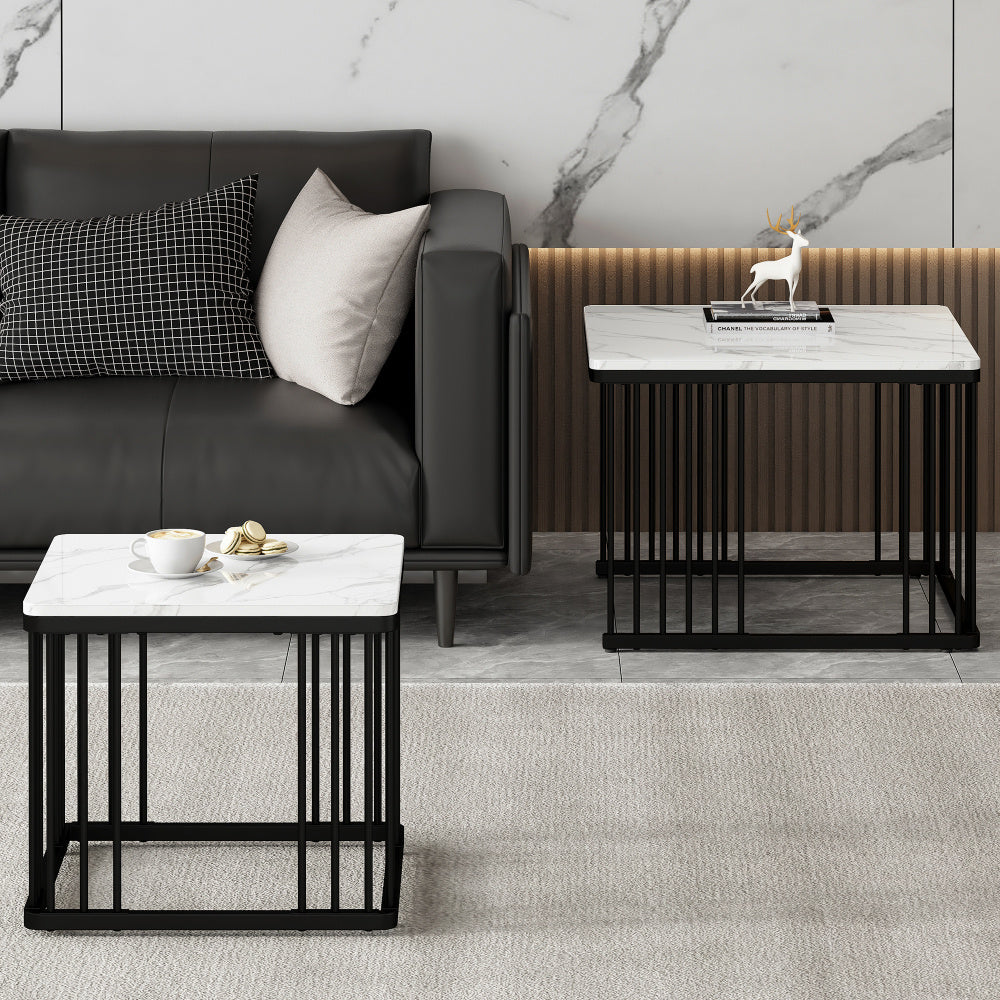Salontafelset – Woonkamertafel – Bijzettafel – Tafeltje – Salontafels – Wit Marmerlook – Hoogglans MDF – Verstelbare Pootjes – Draagvermogen 30 kg