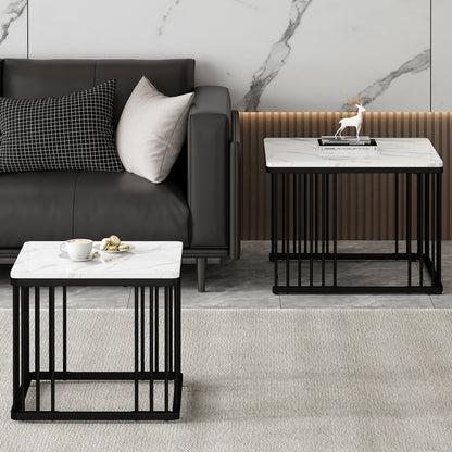 Salontafelset – Woonkamertafel – Bijzettafel – Tafeltje – Salontafels – Wit Marmerlook – Hoogglans MDF – Verstelbare Pootjes – Draagvermogen 30 kg