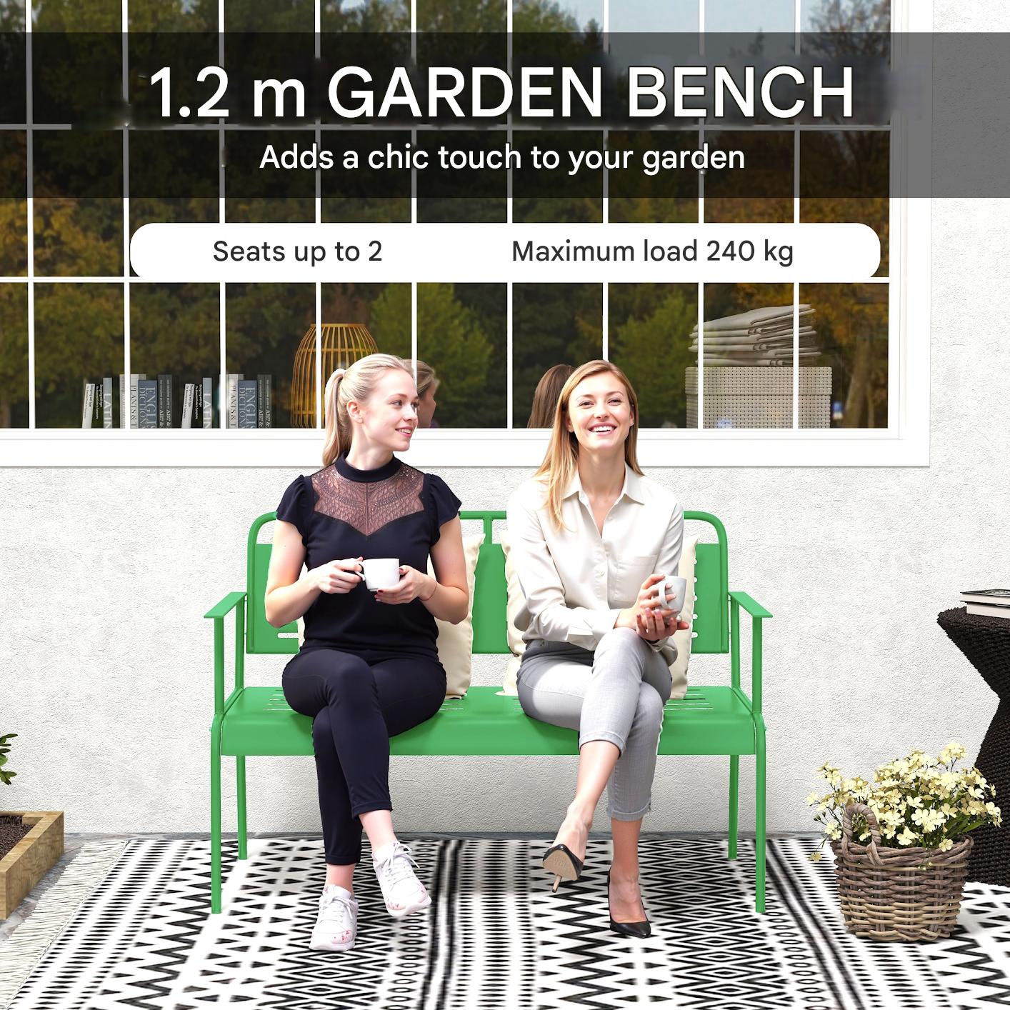 Tuinbank – Buitenbank – Balkonbank – Terrasbank – Verandabank – Stalen Tuinbank – Weerbestendig – 121x64x84 cm – Groen – Met Armleuningen en Rugleuning