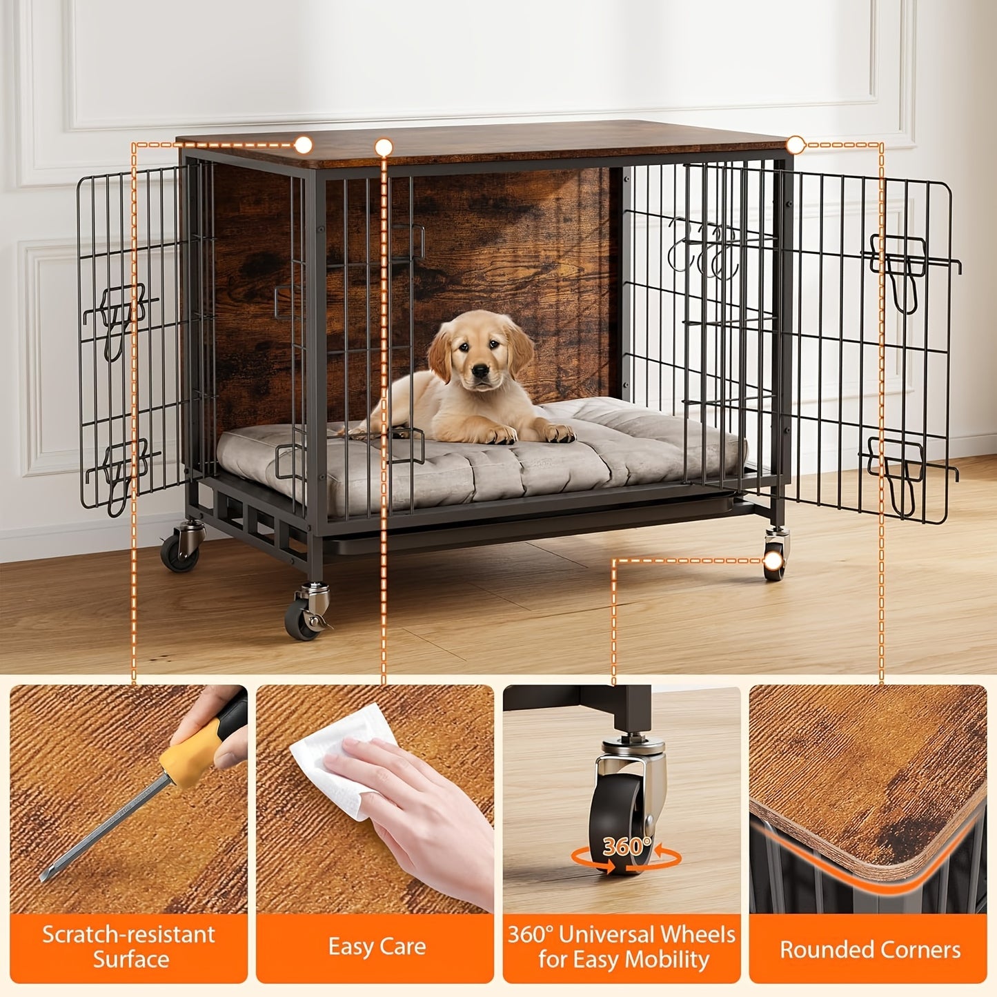 Hondenbench – Hondenkennel – Hondenkooi – Hondenkooi Binnen – Hondenhok – Groot formaat – IJzeren constructie – Dubbele deuren – Verrijdbaar met 4 wielen – Afneembare tray – Bruin meubeldesign