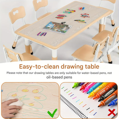 Kinderstoel – Kinderzetel – Peuterstoel – Meegroeistoel – Speelstoel – In hoogte verstelbaar – Duurzaam PE-plastic – Gele kindertafel met 6 stoelen
