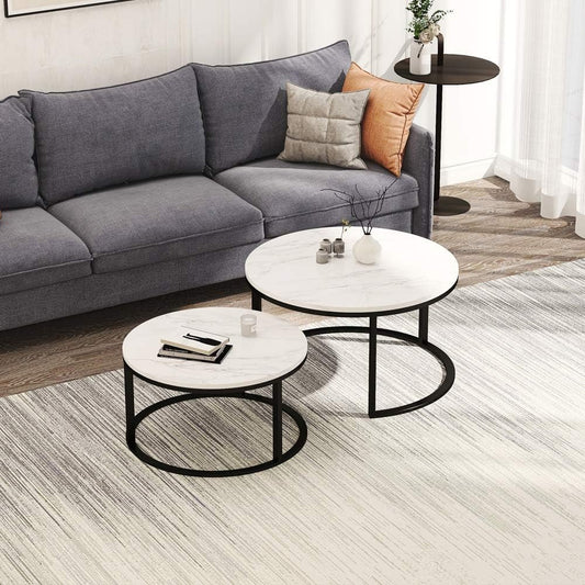 Bijzettafel – Salontafel – Koffietafel – Tafeltje – Stapelbare Tafels – Modern Design – Zwart Metalen Frame – Marmerlook Tafelblad