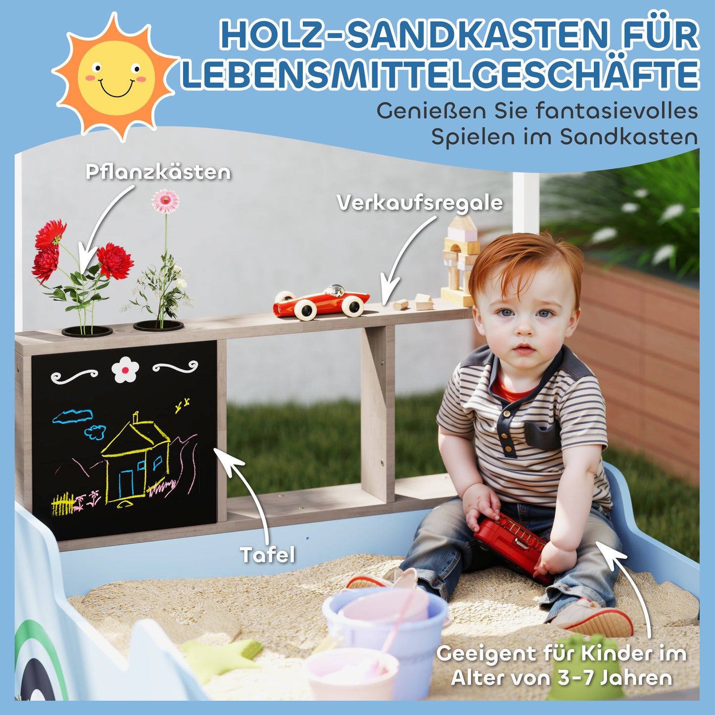 Zandbak – Zandbak Met Zonnedak – Speelbak – Zandtafel – Kinderspeeltuin – Blauw – Duurzaam Vurenhout – Inclusief Bankje En Tekenbord