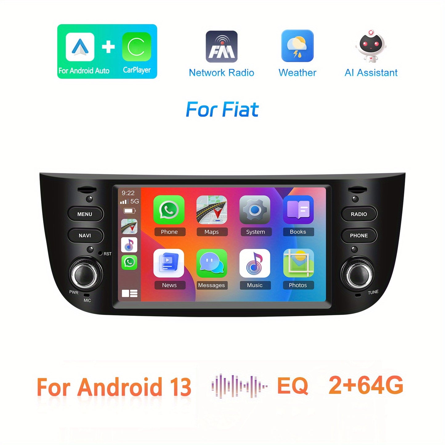 Hikity [2+64G] for Android 13 Car Stereo Radio 15.75cm HD Screen Autoradio for Fiat Punto (2010-2016)/Linea (2012-2015) Support Carplay,, WiFi, GPS, Voice Control, Backup Camera