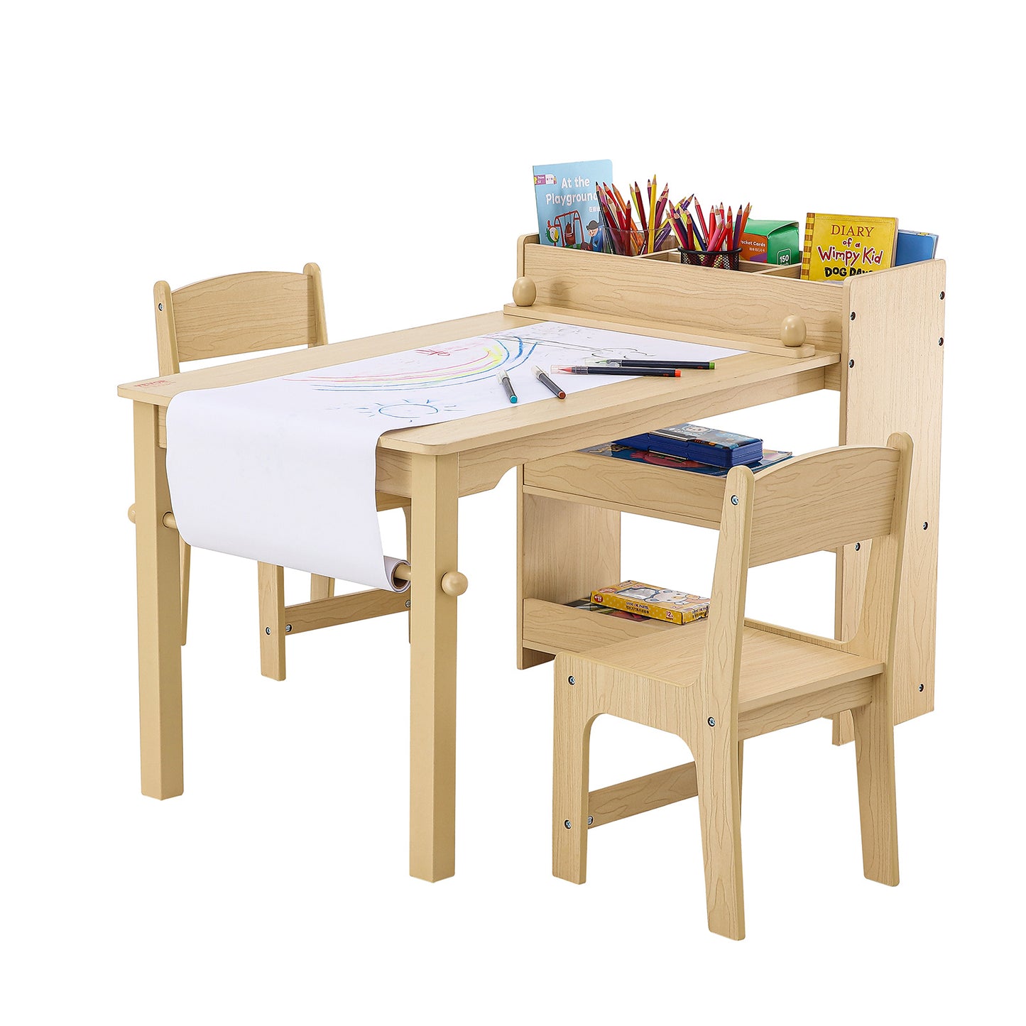 Kinderkunsttafel – Kindertafel – Speeltafel – Knutseltafel – Tafel met 2 Stoelen en Opbergkast – Geschikt voor 2-8 Jaar – Hittebestendig MDF