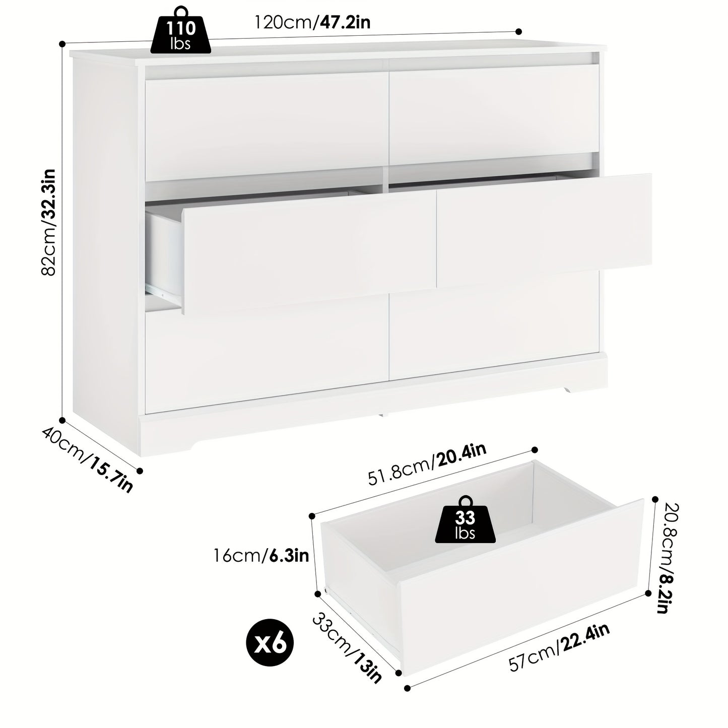 Ladeblok – Ladekast – Kast – Dressoir – Opbergkast – 6 Ruime Lades – Hoogwaardig MDF & Houten Ladepanelen – 120x40x82 cm – Anti-Omvalbeveiliging