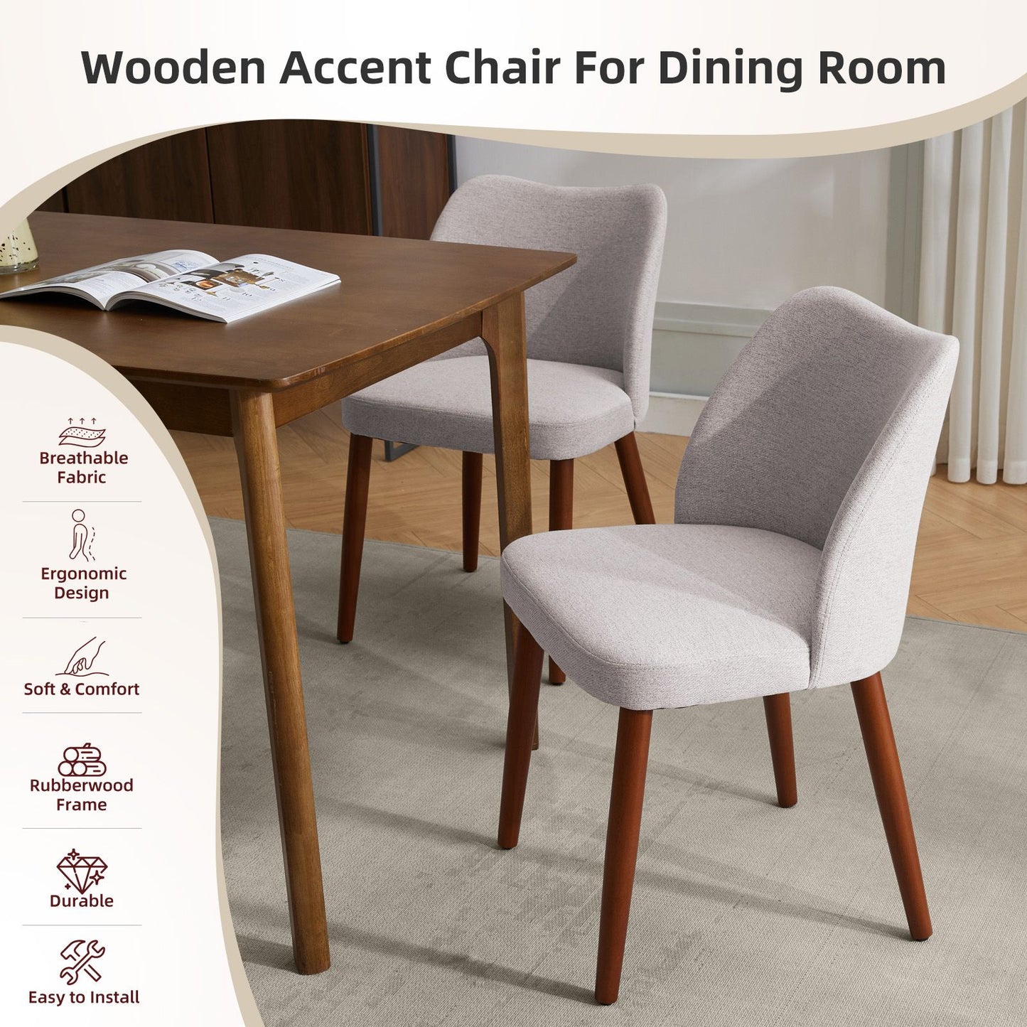 Eetkamerstoelen – Stoelen – Zwarte Stoelen – Keukenstoelen – Café Stoelen – Set van 2 Grijs – Ergonomische Rugleuning – Stevige Houten Poot