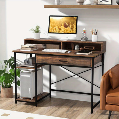 Computertafel – Bureau – PC Tafel – Werktafel – Kantoortafel – Rustiek Bruin – Met Monitorstandaard – ruime Lade en Opbergruimte – Stabiel Metalen Frame – 120x56x90,5 cm