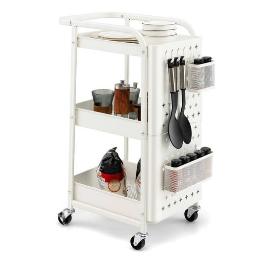 Opbergrek – Opbergtrolley – Stellingkast – Opbergwagen – Opbergrek – Metalen Frame – Ruimtebesparend Design – 3 Laags – Wit – Pegboards Met Haken En Bakken – Duurzaam Koolstofstaal