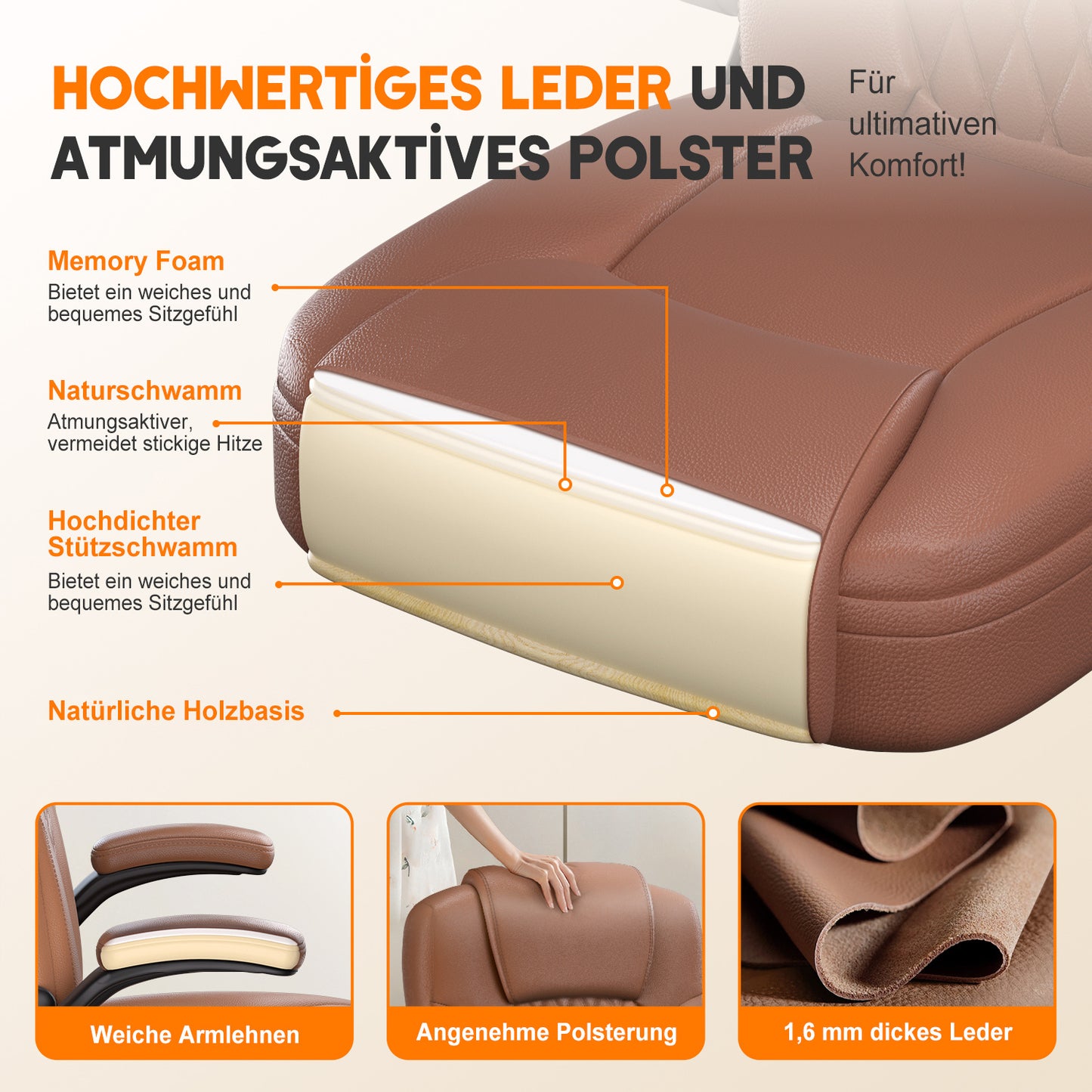 Office Chair with a Load Capacity of 150 Kg, Ergonomic Office Chair, Swivel Chair, Height Adjustable, Leather Office Chair