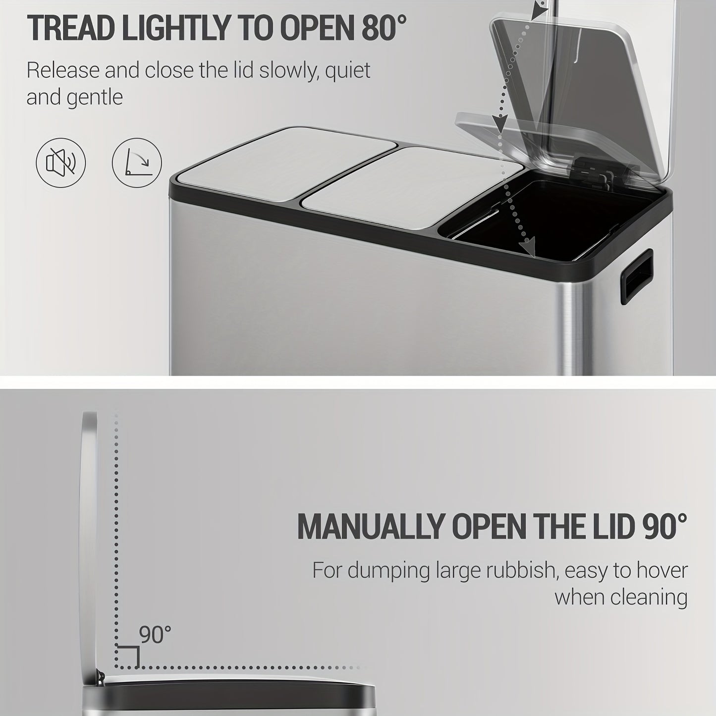 Kitchen Trash Can, Waste Separation System 3 Compartments 45L (3 X 15L), Stainless Steel Kitchen Trash Can, Pedal Bin with Color-coded Pedals, Waste Bin Quiet Slow Descent, Silvery