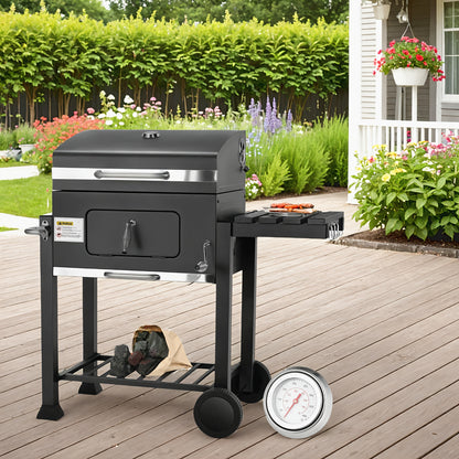 Houtskoolbarbecue – Barbecue – BBQ – Grill – Smoker – Gecoat IJzer – Inclusief Thermometer en Wielen – 124x56x140 cm – Zwart