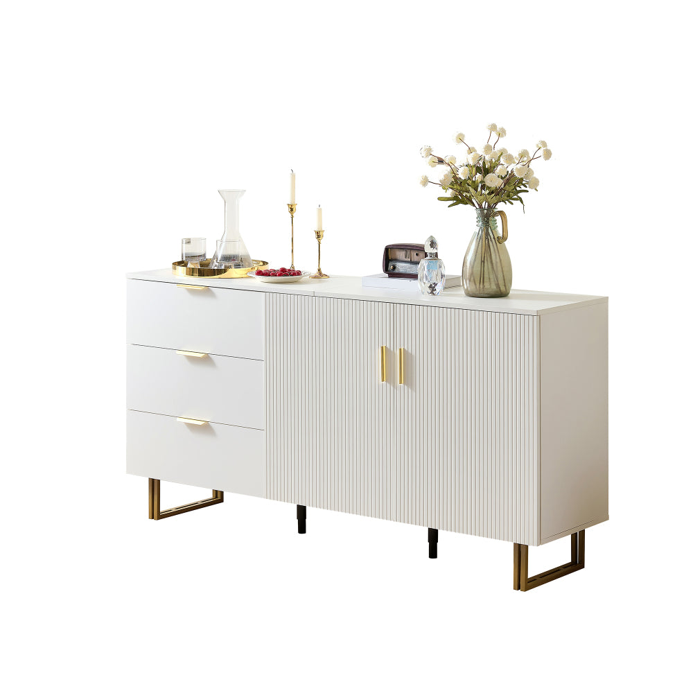 Dressoir – Wandkast – Opbergkast – Buffetkast – Ladekast – Wit Met Gouden Handvatten – 160 cm Breed – Stalen Poten