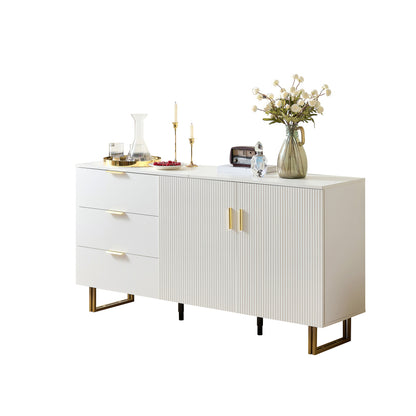 Dressoir – Wandkast – Opbergkast – Buffetkast – Ladekast – Wit Met Gouden Handvatten – 160 cm Breed – Stalen Poten