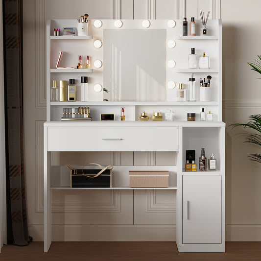 Kaptafel – Make-uptafel – Cosmeticatafel – Opmaaktafel – Dressingtable – Wit – MDF Hout – USB Verlichting – 108x40x140 cm – 6 Vakken & 2 Lades