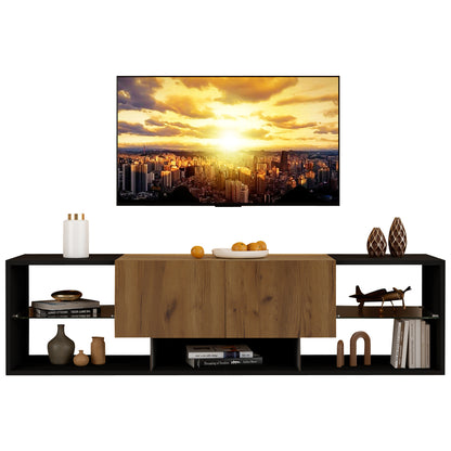 Three-tier TV Stand | Suitable for TVs up to 177.8 cm, Modern Style, Glass Top Storage Platform, Two Drawers, Ideal for Living Rooms and Bedrooms, Black, Metal Material