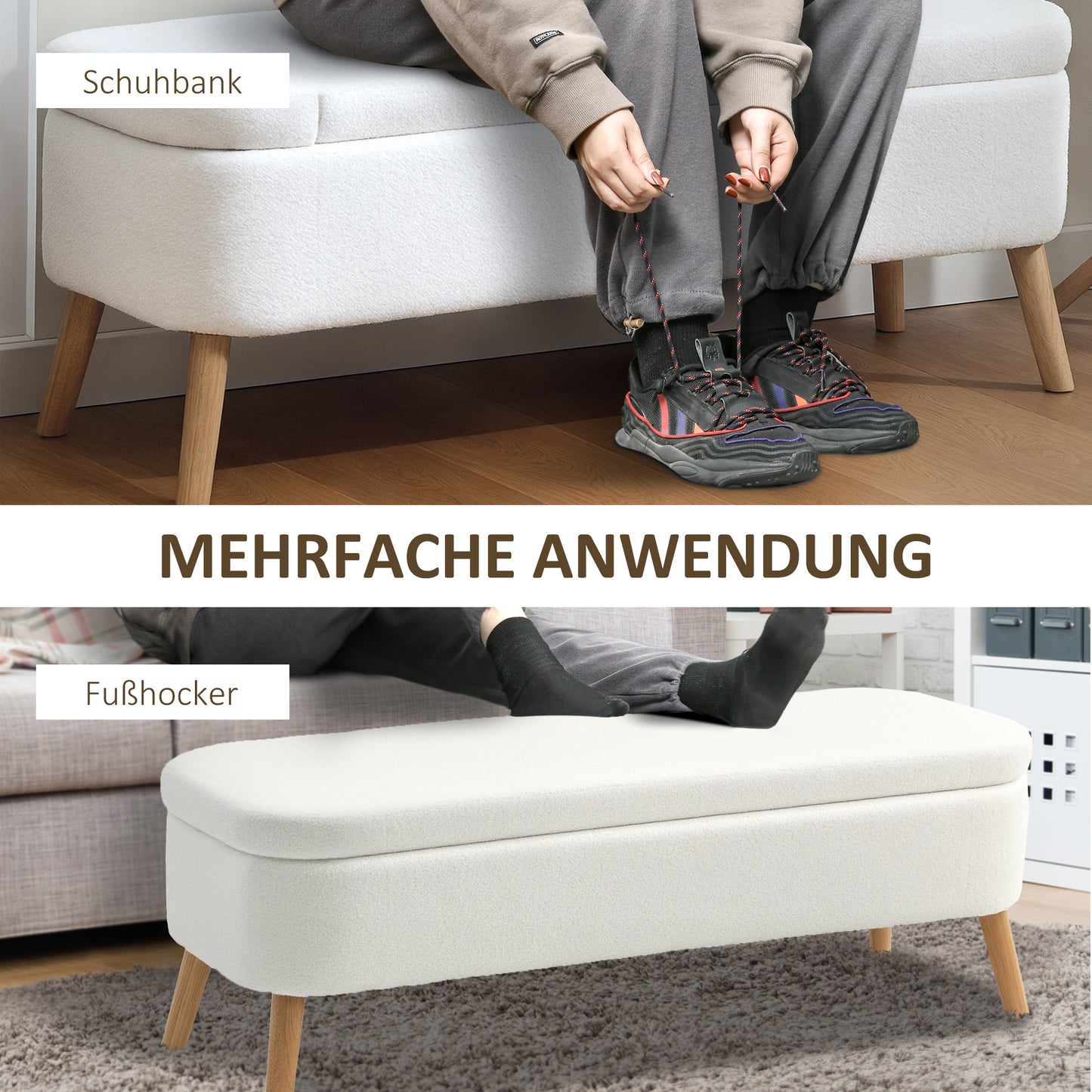 Opberghocker – Opbergbankje – Zitkist – Voetenbank – Opslagkist – Crème Wit – 65 Liter Opbergruimte – Zachte Fleece Bekleding