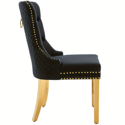 2pcs Elegant Dining Chairs with Golden-Tone Nailhead Trim & Golden-Plated Stainless Steel Legs - Upholstered Backrest, Round Pulls, Classic Modern Design