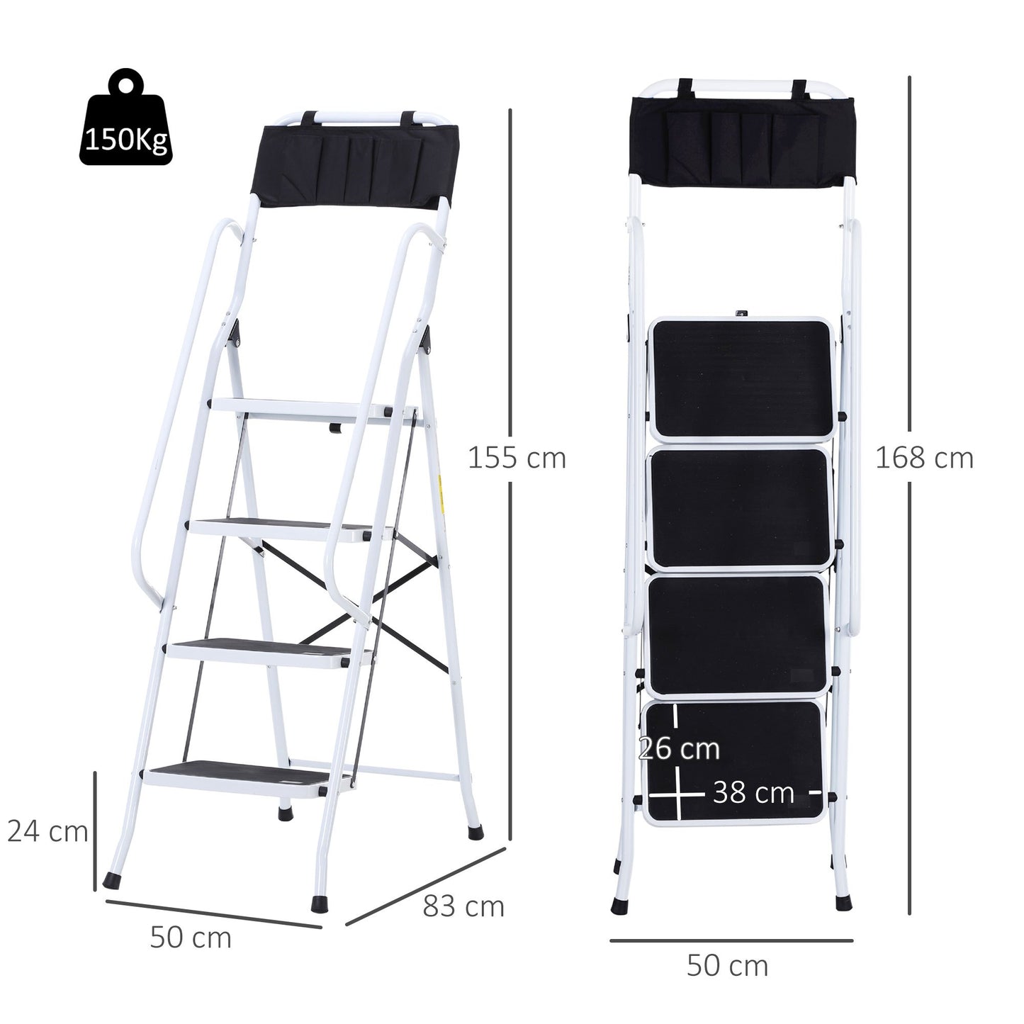Opvouwbare Trap – Klimmiddel – Steiger – Werksteiger – Plofkraan – Stalen Frame – 4 XL Antislip Treden – Dubbele Handgrepen – Max 1,55 m Hoogte – Inclusief Gereedschapszak – Wit/Zwart