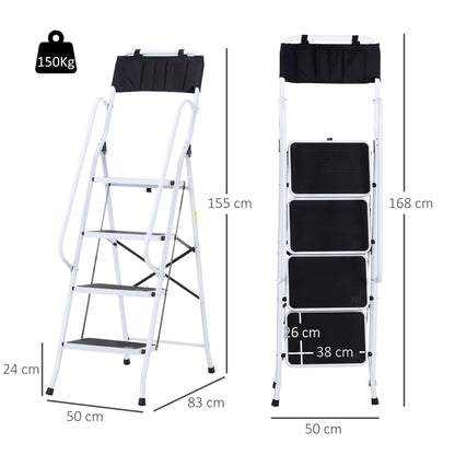 Opvouwbare Trap – Klimmiddel – Steiger – Werksteiger – Plofkraan – Stalen Frame – 4 XL Antislip Treden – Dubbele Handgrepen – Max 1,55 m Hoogte – Inclusief Gereedschapszak – Wit/Zwart