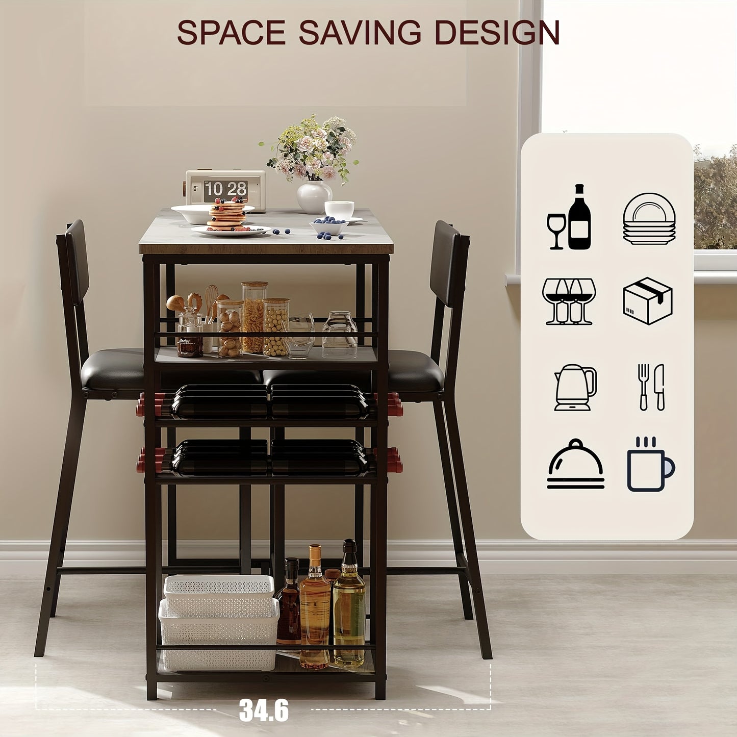 Eettafelset – Eetkamerset – Keukentafel – Zitgroep – Diningset – Compact Grijs – Met Gestoffeerde Stoelen – Opbergruimte – Metaal Frame