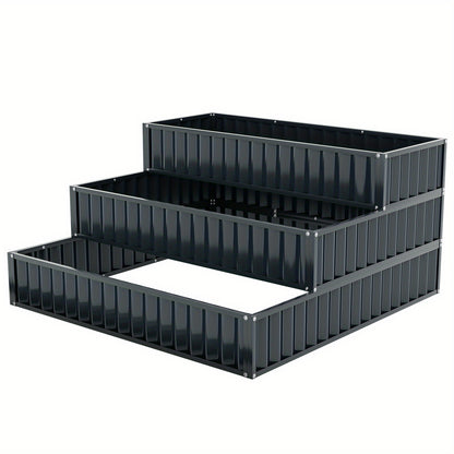 Hoogtebak Tuin – Verhoogd Plantenbed – Moestuinbak – Kruidenbak – Bloembak – 3 Laags Trappenontwerp – Metalen Roestvrij Stijlvol Zwart – 118x118x61 cm – Modulair Systeem
