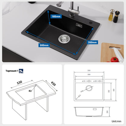 Keukenbak Kwartssteen – Gootsteen – Spoelbak – Keukenspoelbak – Enkele Kom – Zwart – 55x45 cm – Krasvast & Hittebestendig – Overloop & Afvoersysteem