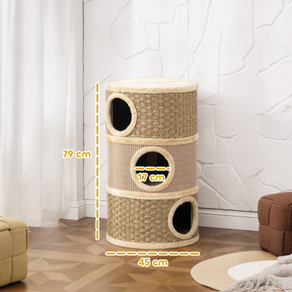 Kattenkrabpaal – Krabpaal – Kattenpaal – Krabmeubel – Kattenmeubel – 79 cm Hoog Met Sisaltouw – Drie Verdiepingen Met Kattenhol Khaki Bruin