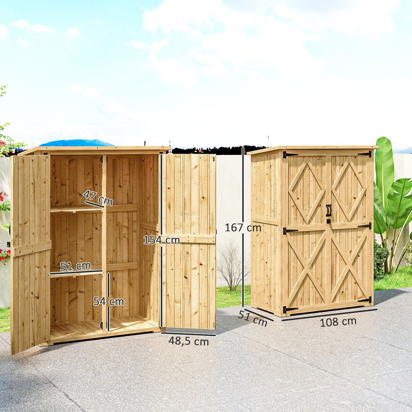 Houten Tuinberging – Tuinschuur – Tuinkast – Berging – Tuinopbergkast – Lichtbruin Vurenhout – Weerbestendig Asfalt Dak – Dubbele Deuren – Verstelbare Pootjes