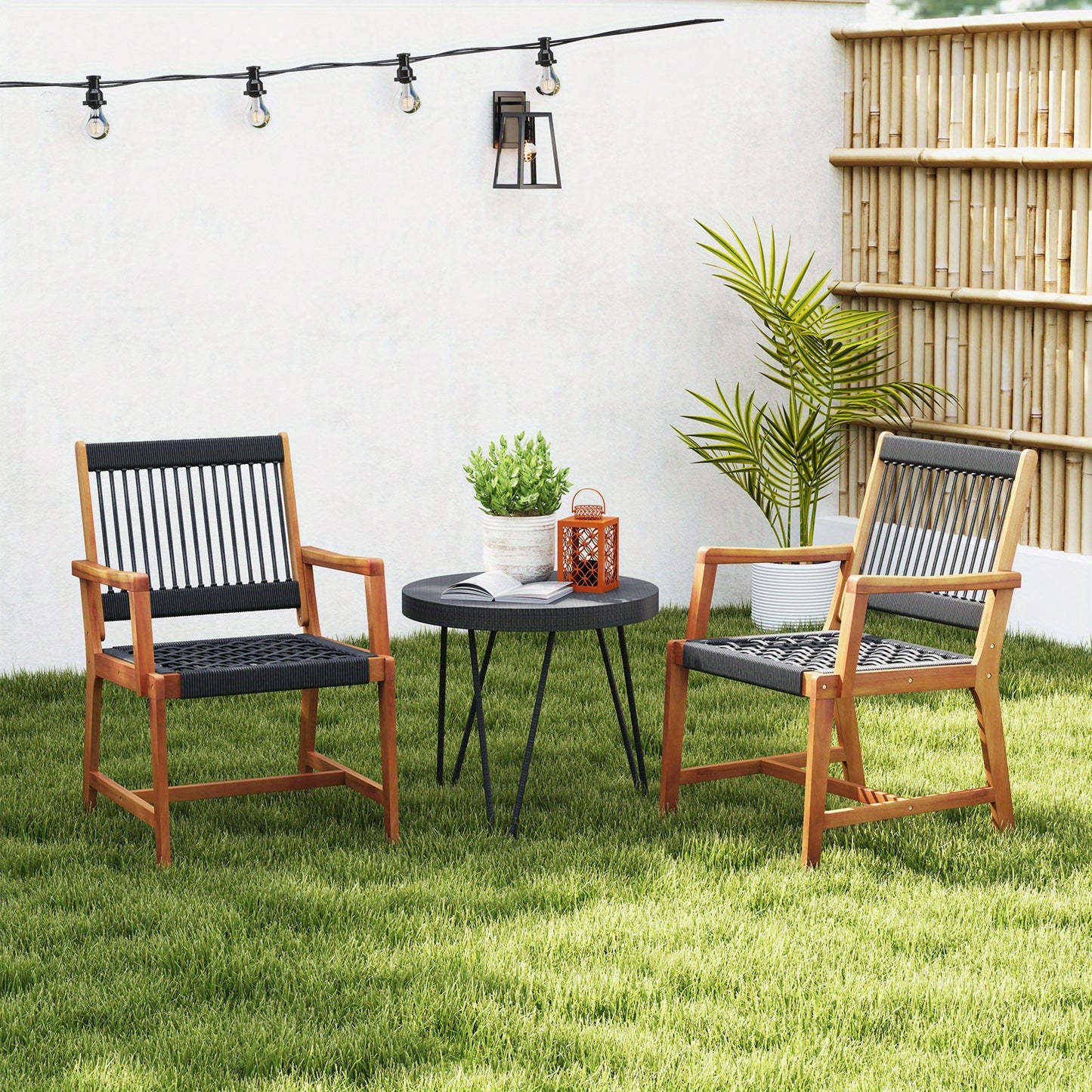 Tuinstoelen – Buitenstoelen – Patio Stoelen – Terrasstoelen – Balkonstoelen – Set van 2 – Acaciahout met Zwart Rope – Ergonomisch Ontwerp met Armleuningen