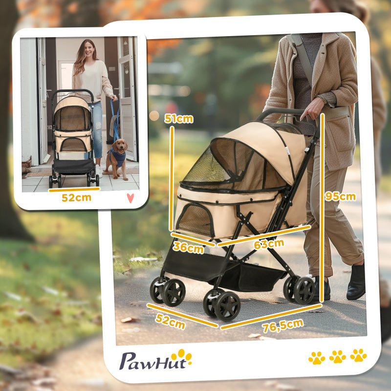 Hondenwagen – Hondenbuggy – Hondenkar – Pet Stroller – Wandelwagen – Inklapbaar – 360° Draaibaar Voorwiel – Ventilatienetten – Lichtbruin – Tot 15 kg
