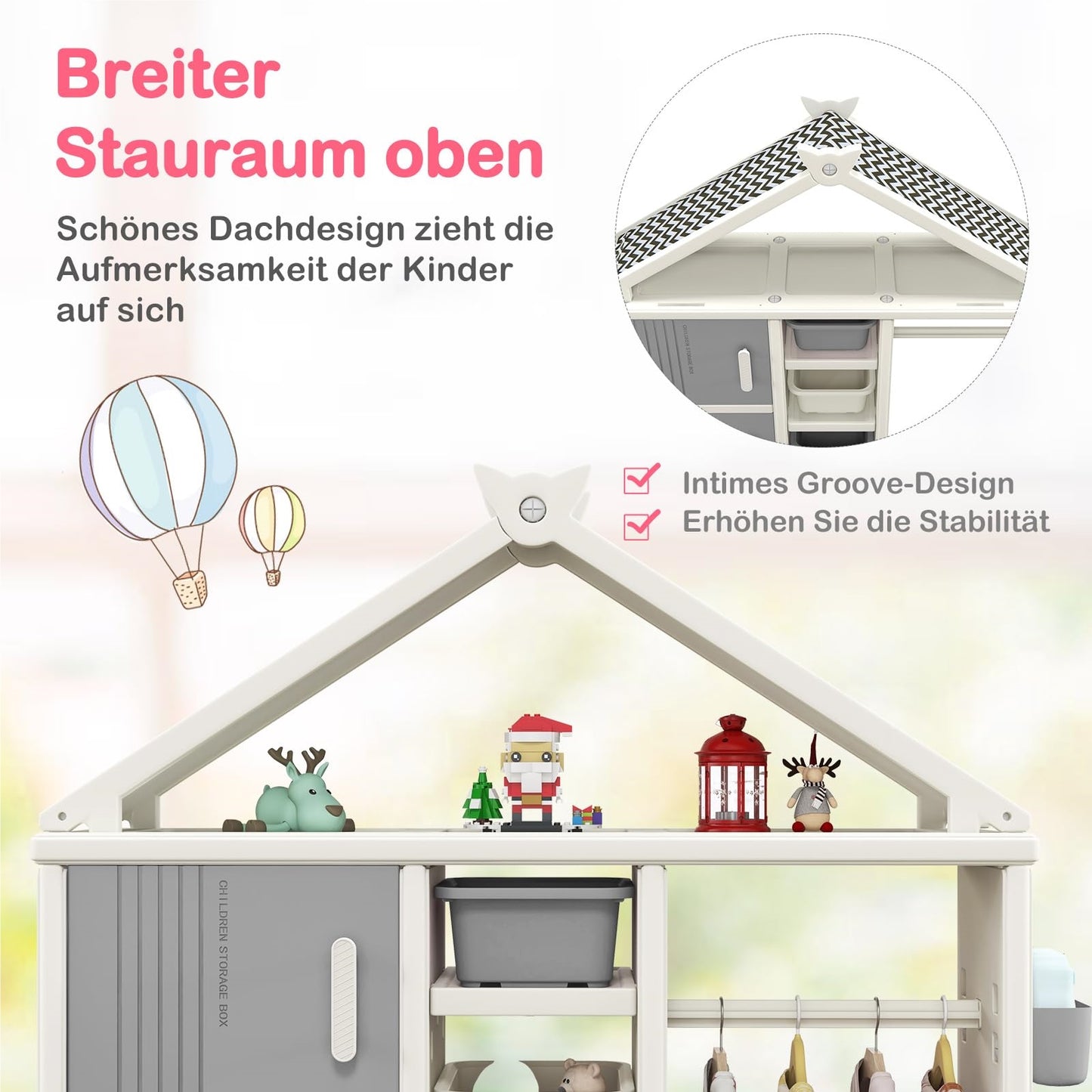 Kinderkast Huisvorm – Speelgoedkast – Boekenplank – Opbergrek – Kledingrek – Grijs – 4 Opbergboxen – Veilig HDPE Materiaal