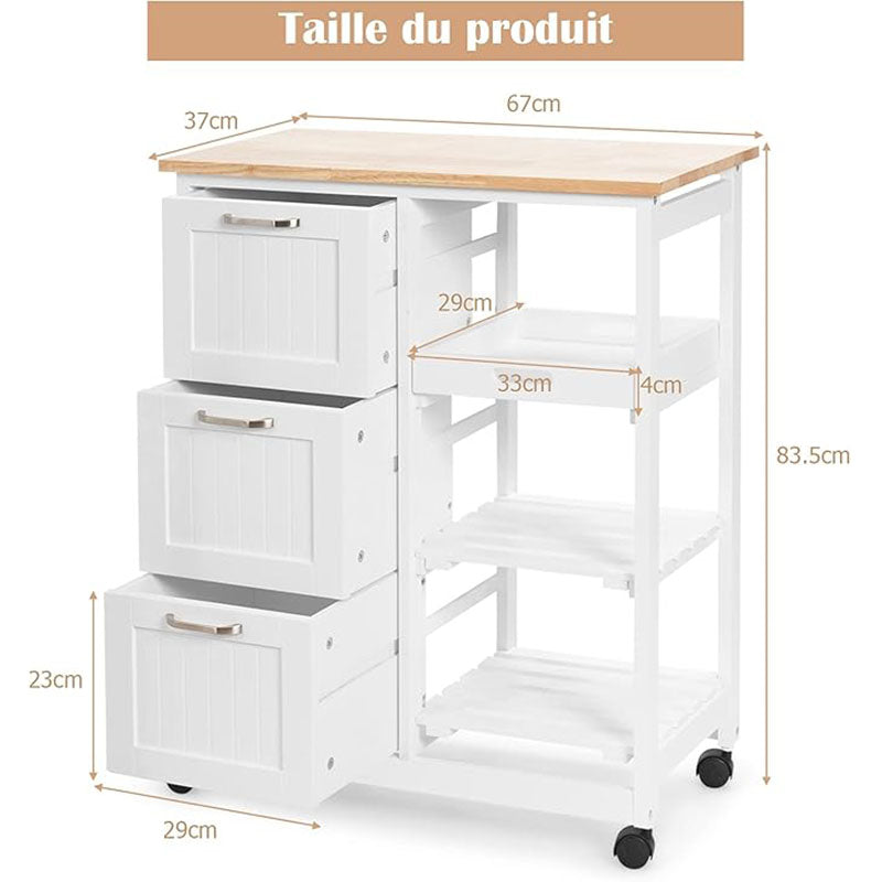 Keukentrolley – Keukenwagen – Serveerwagen – Opbergtrolley – Rollende Keukenkast – 3 Grote Lades – Rubberhout Werkblad Met Uitneembare Tray