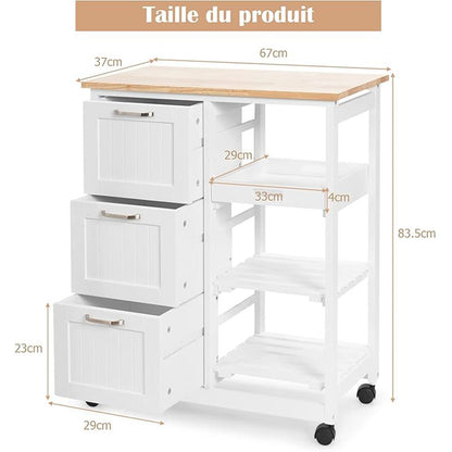 Keukentrolley – Keukenwagen – Serveerwagen – Opbergtrolley – Rollende Keukenkast – 3 Grote Lades – Rubberhout Werkblad Met Uitneembare Tray