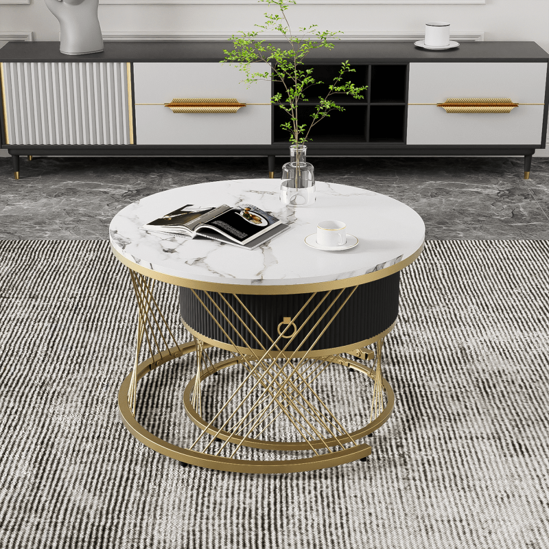 Salontafel – Koffietafel – Bijzettafel – Tafeltje – Woonkamertafel – Wit MDF Met Gouden Accenten – 2-Delige Set Met Lade En Verstelbare Pootjes