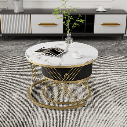 Salontafel – Koffietafel – Bijzettafel – Tafeltje – Woonkamertafel – Wit MDF Met Gouden Accenten – 2-Delige Set Met Lade En Verstelbare Pootjes