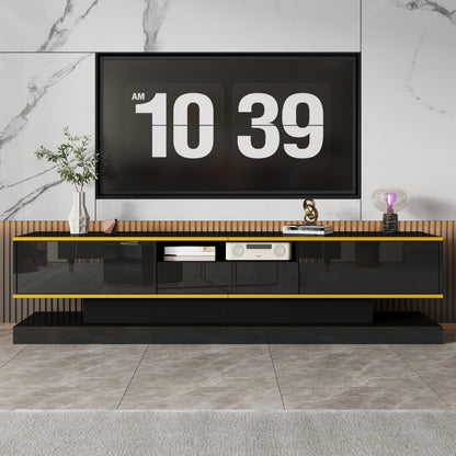 Modern Tv-meubel – Tv-kast – Entertainmentmeubel – Opbergmeubel – Woonkamermeubel – Zwart Hoogglans Met Gouden Accenten – 3 Laden + Open Vak Met Kleurveranderende LED – Ruimtebesparend 180x38x45 cm
