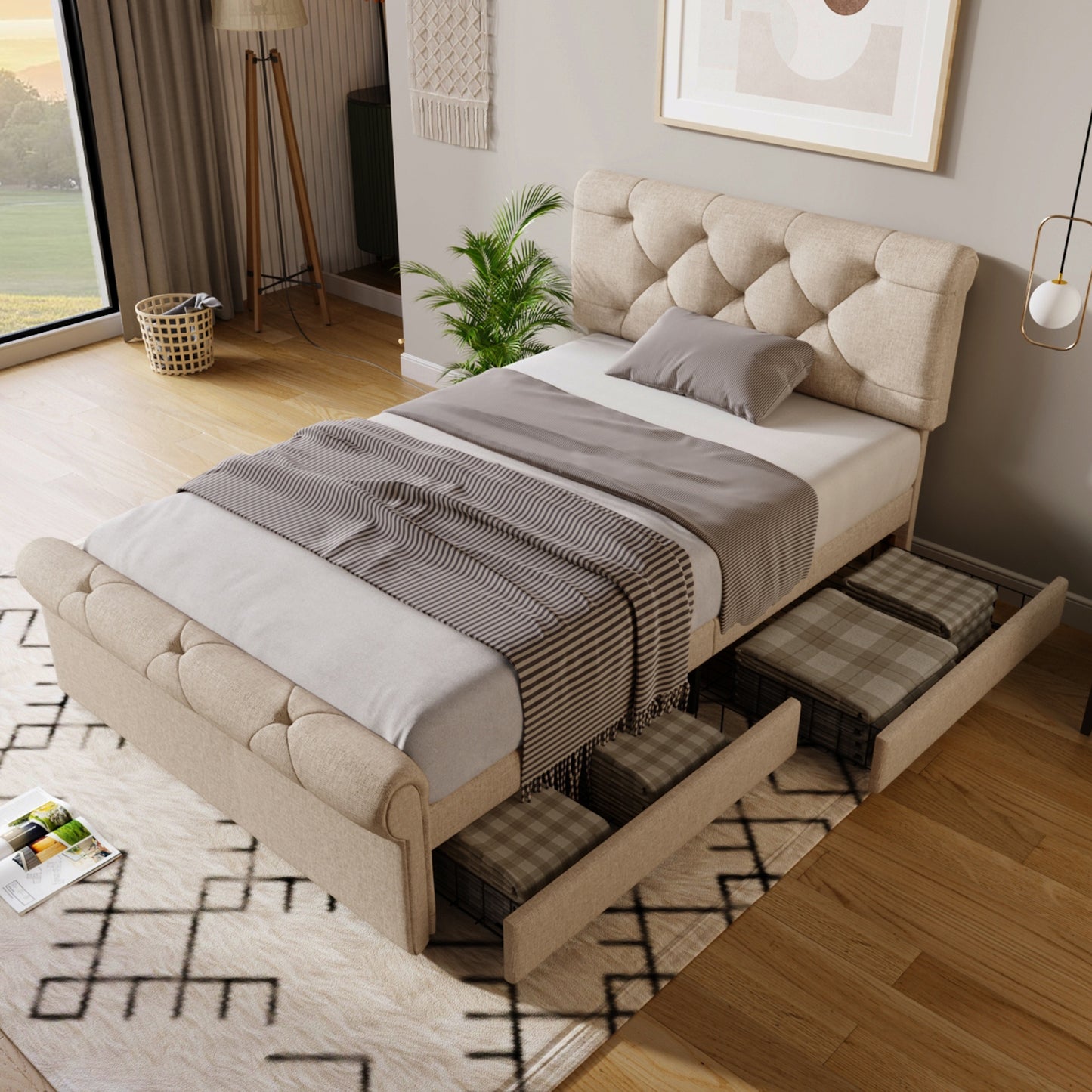 Eenpersoonsbed – Bed – Slaapbank – Logeerbed – Kinderbed – 90x200 cm – 2 Opberglades – Verstelbaar Hoofdeinde – Chesterfield Design – Natuurlijke Khaki Kleur