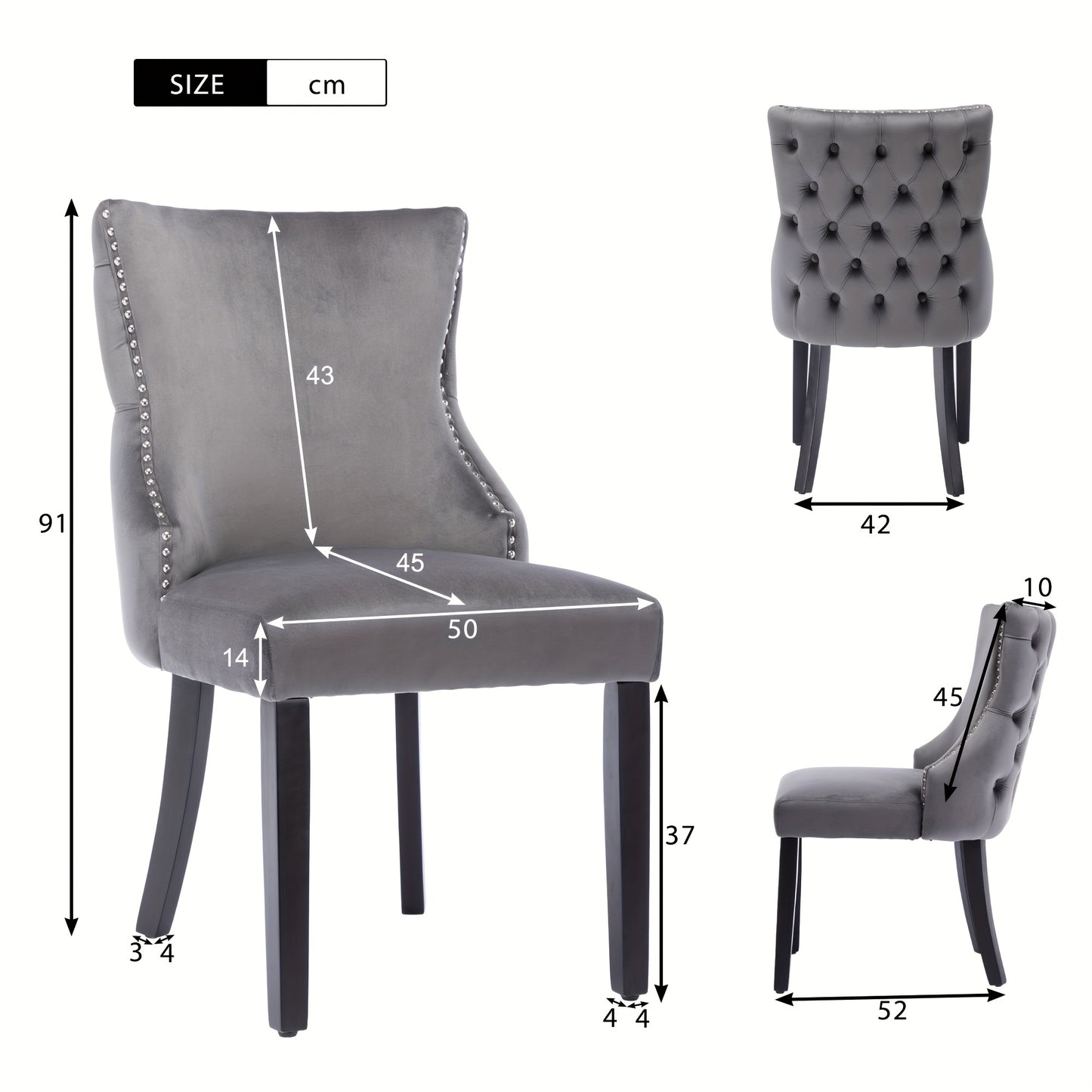 Dining Chair, Four-Legged Chair, Grey Velvet Dining Chair with Button Stitching for Absolute Comfort, Grey, Two Pieces, 50*45*91 Cm